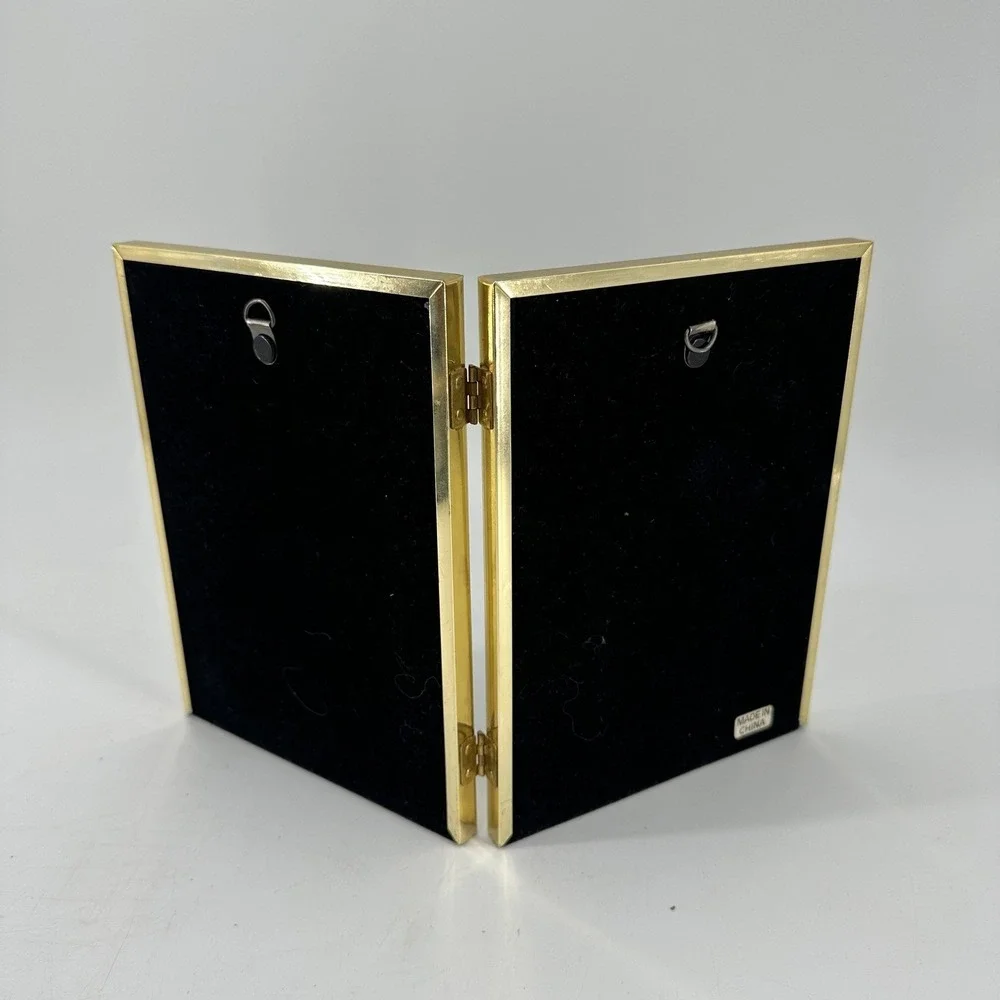 Gold Tone Double Hinged Picture Frame 5x7 Desktop Display Photos Vintage